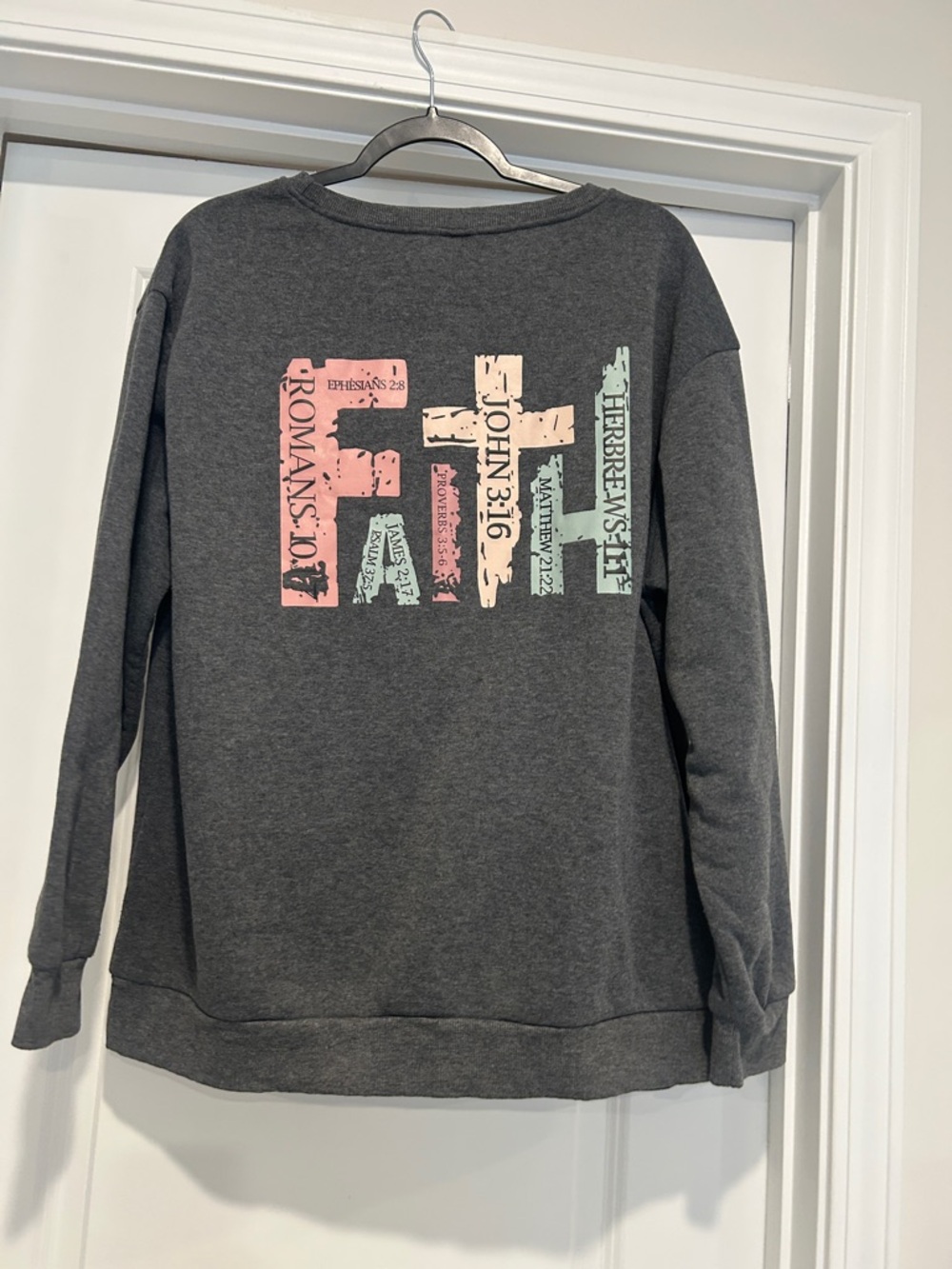 FAITH Charcoal Crewneck Sweatshirt with Pink Cross Graphic